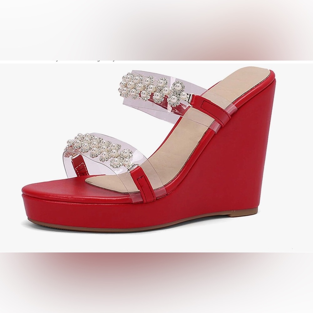 FINAL PRICE Macy
Red & Pearl Embellishment, Wedge Slip On Sandals. NEW size 6.5